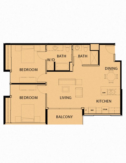 Floor plan for 2 beds, 2 baths, 1031 sqft